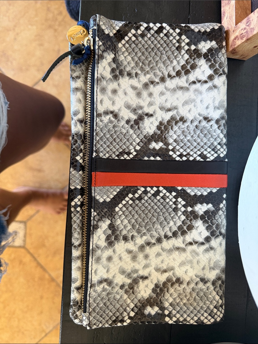 Clare V Snake Print Clutch with Red Accent